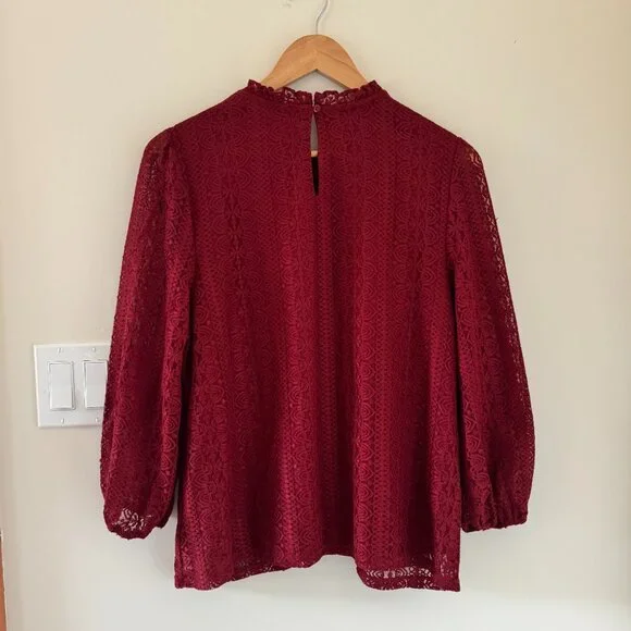 Cable & Gauge Burgundy Lace Blouse Romantic Long Sleeve Top - Picture 5 of 13